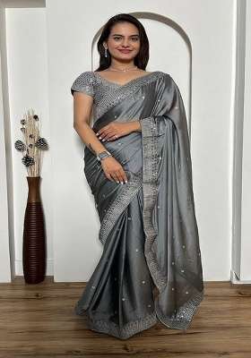 Grey Embroidered Silk Saree Set for Diwali and Festive Wear