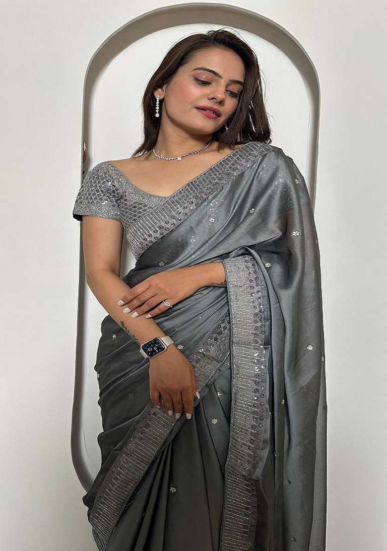 Grey Embroidered Silk Saree Set for Diwali and Festive Wear - Indya