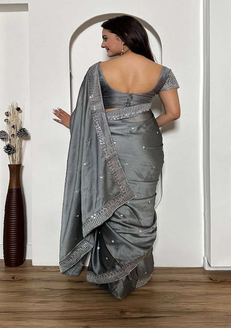 Grey Embroidered Silk Saree Set for Diwali and Festive Wear - Indya
