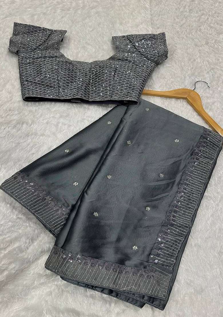 Grey Embroidered Silk Saree Set for Diwali and Festive Wear - Indya
