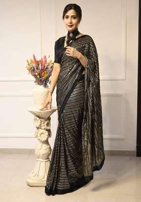 Black Embroidered Georgette Saree Set for Diwali and Festive Wear