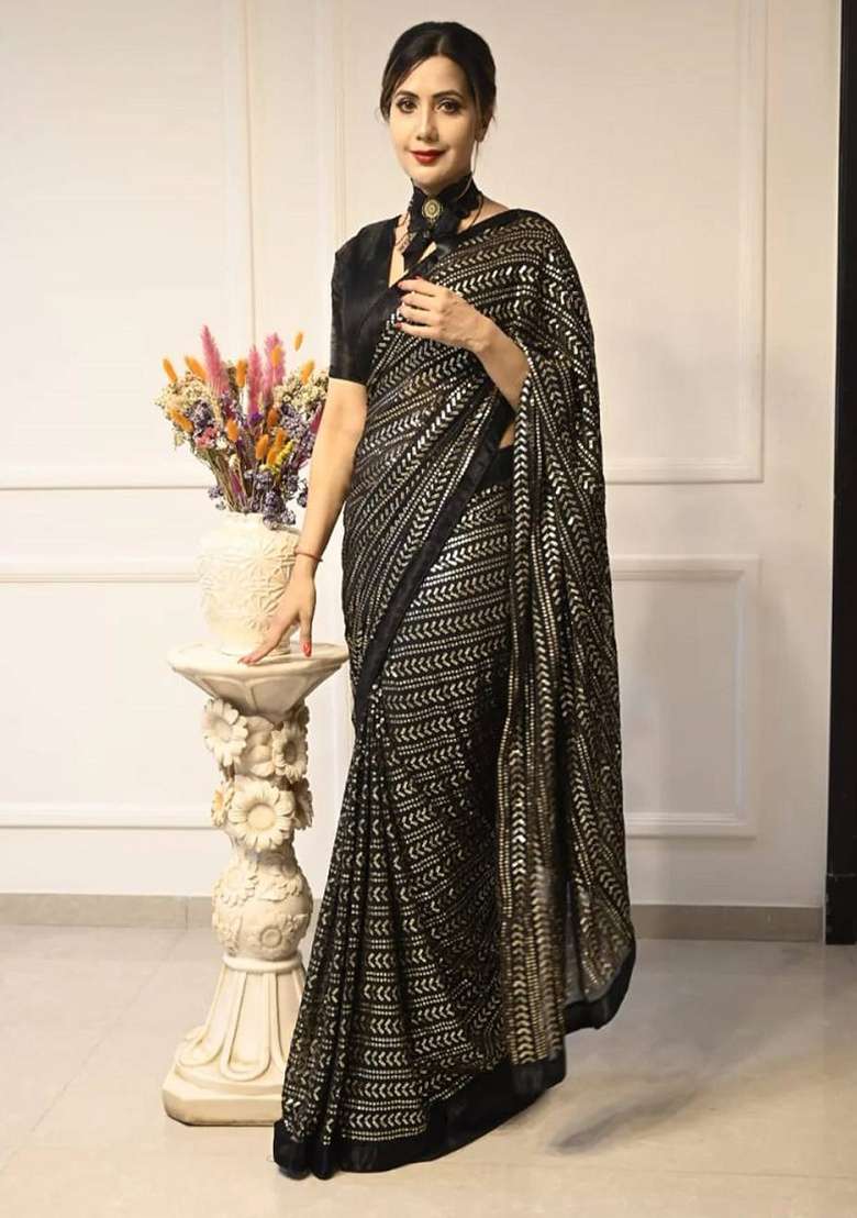 Black Embroidered Georgette Saree Set for Diwali and Festive Wear - Indya