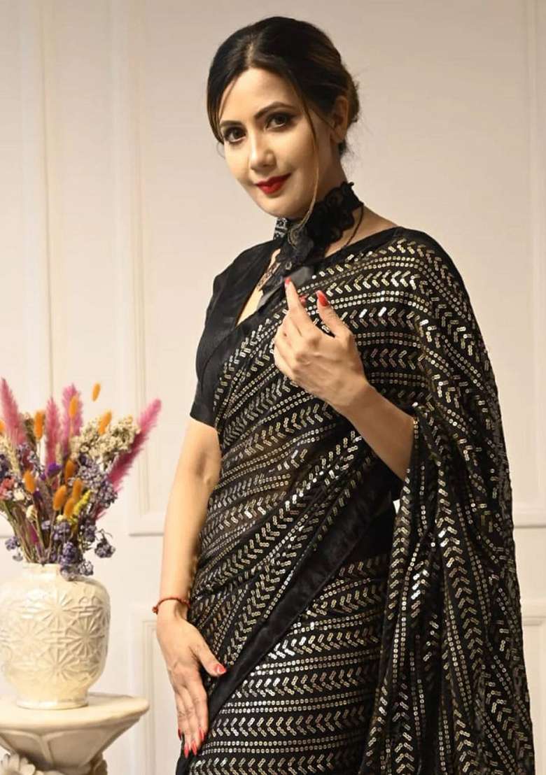 Black Embroidered Georgette Saree Set for Diwali and Festive Wear - Indya