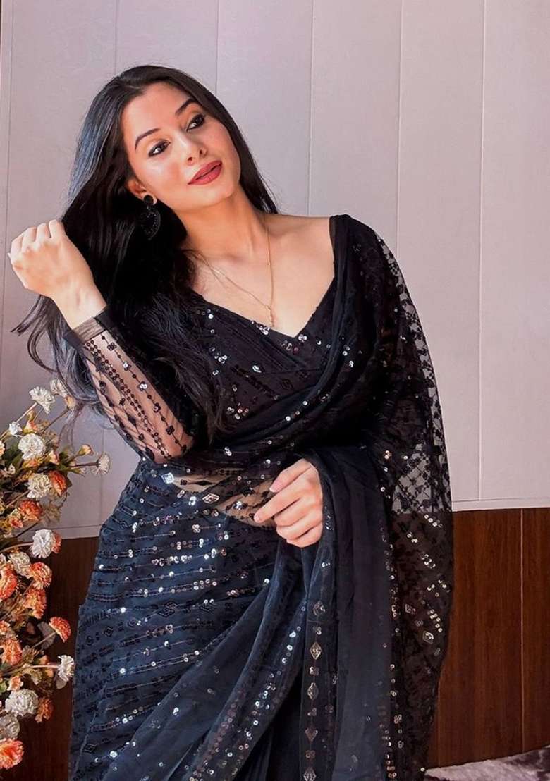 Black Net Saree Set with Embroidered for Diwali | Wedding & Festive Wear - Indya