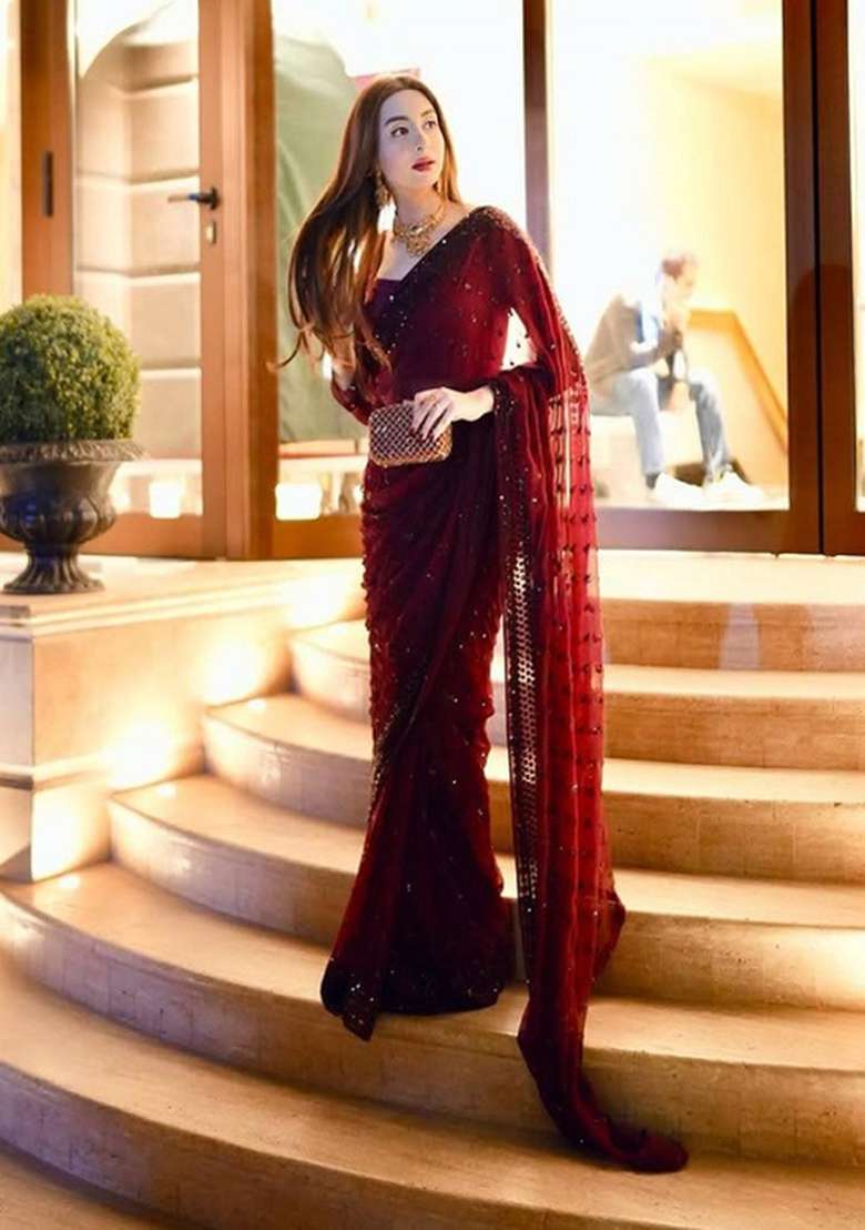Maroon Georgette Saree Set with Embroidered for Diwali | Wedding & Festive Wear - Indya