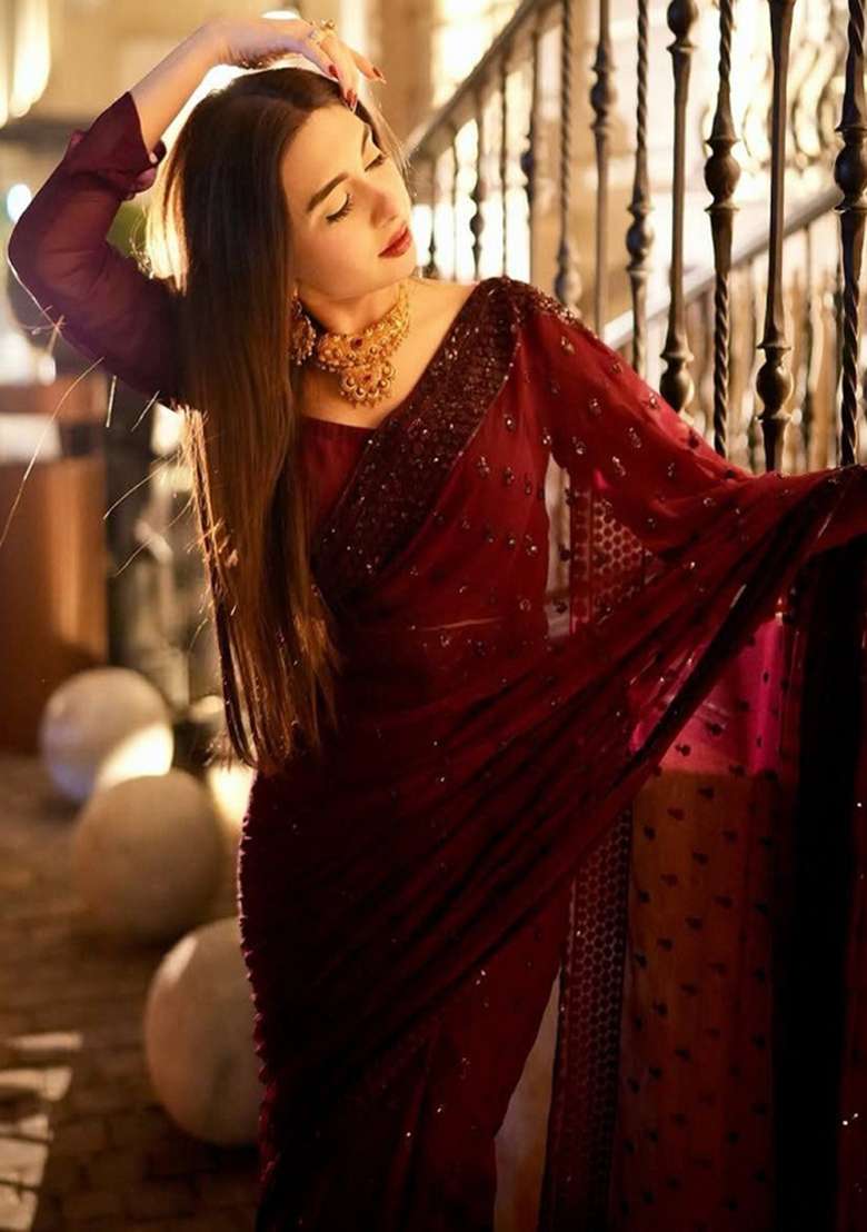 Maroon Georgette Saree Set with Embroidered for Diwali | Wedding & Festive Wear - Indya