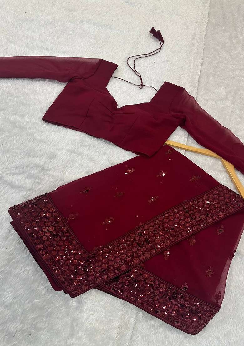 Maroon Georgette Saree Set with Embroidered for Diwali | Wedding & Festive Wear - Indya