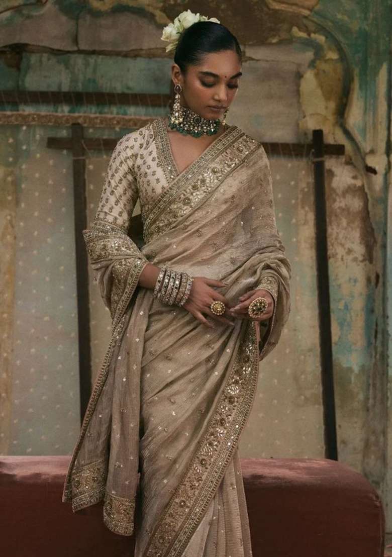Golden Embroidered Silk Saree Set - Indya
