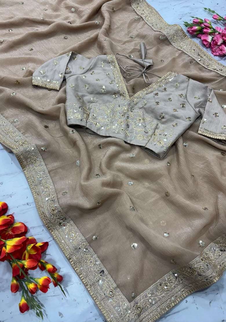 Golden Silk Saree Set with Embroidered for Diwali | Wedding & Festive Wear - Indya