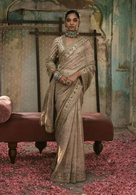 Golden Silk Saree Set with Embroidered for Diwali | Wedding & Festive Wear