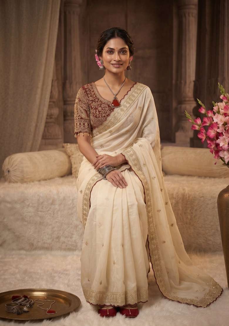 Off White Silk Saree Set with Embroidered for Diwali | Wedding & Festive Wear - Indya