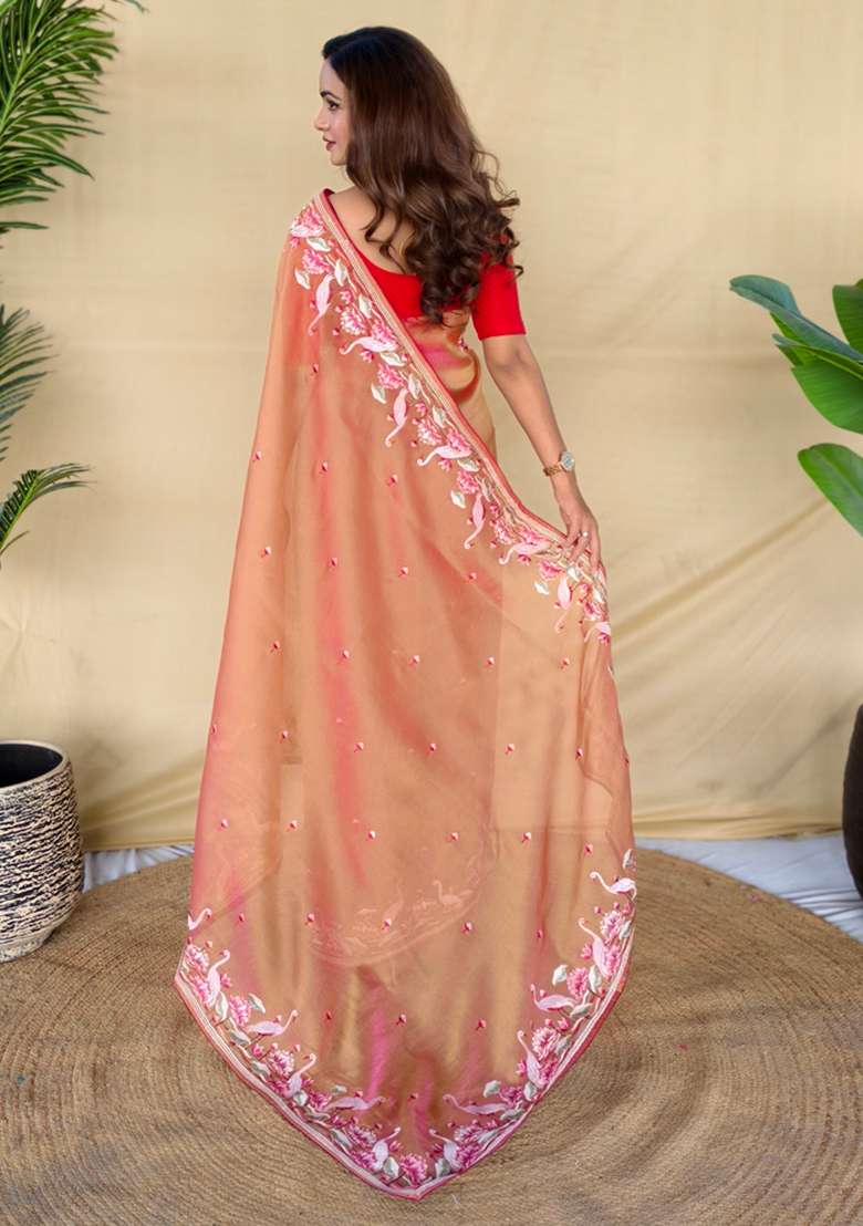 Orange Embroidered Silk Saree Set - Indya