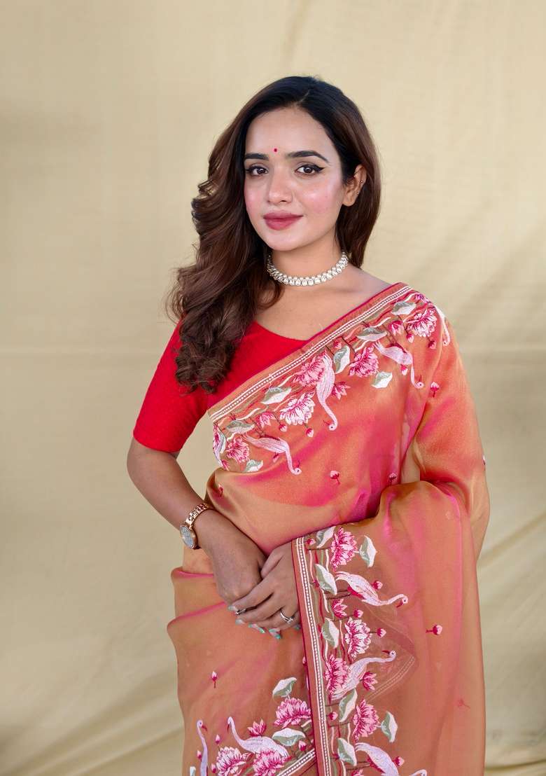 Orange Embroidered Silk Saree Set - Indya