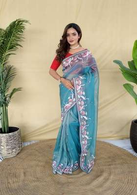Sky Blue Embroidered Silk Saree Set
