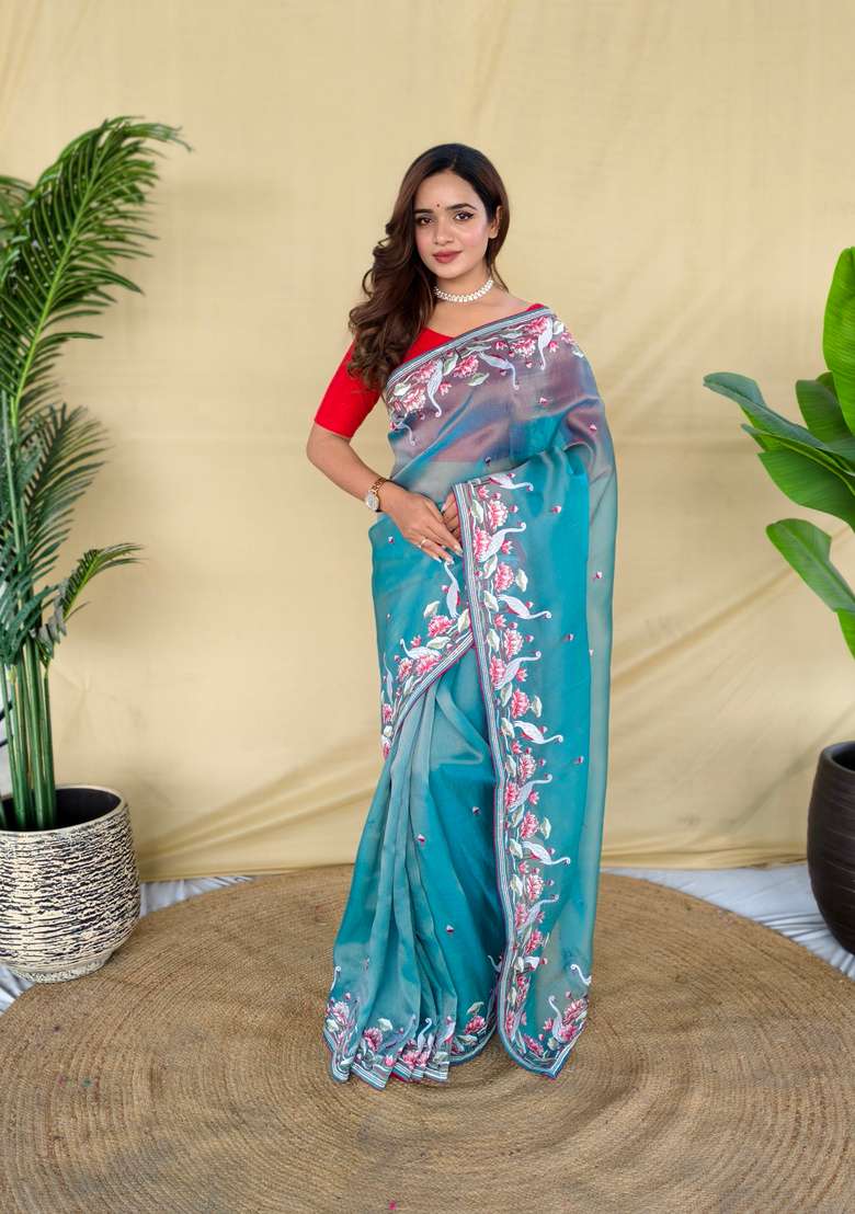 Sky Blue Embroidered Silk Saree Set - Indya