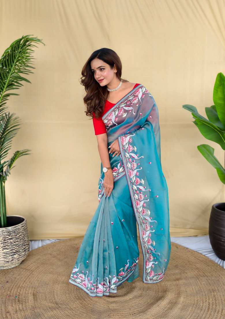 Sky Blue Embroidered Silk Saree Set - Indya