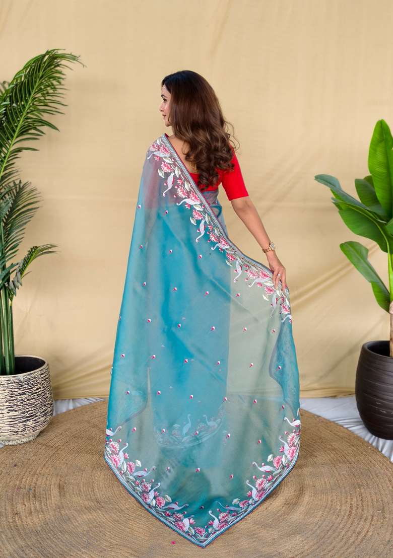 Sky Blue Embroidered Silk Saree Set - Indya