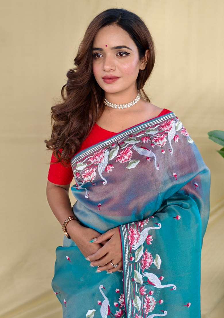 Sky Blue Embroidered Silk Saree Set - Indya
