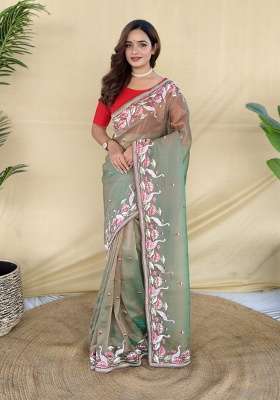 Green Embroidered Silk Saree Set
