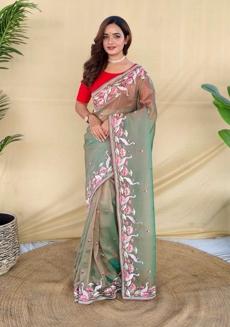 Green Embroidered Silk Saree Set - Indya