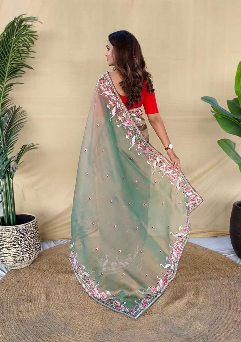 Green Embroidered Silk Saree Set - Indya