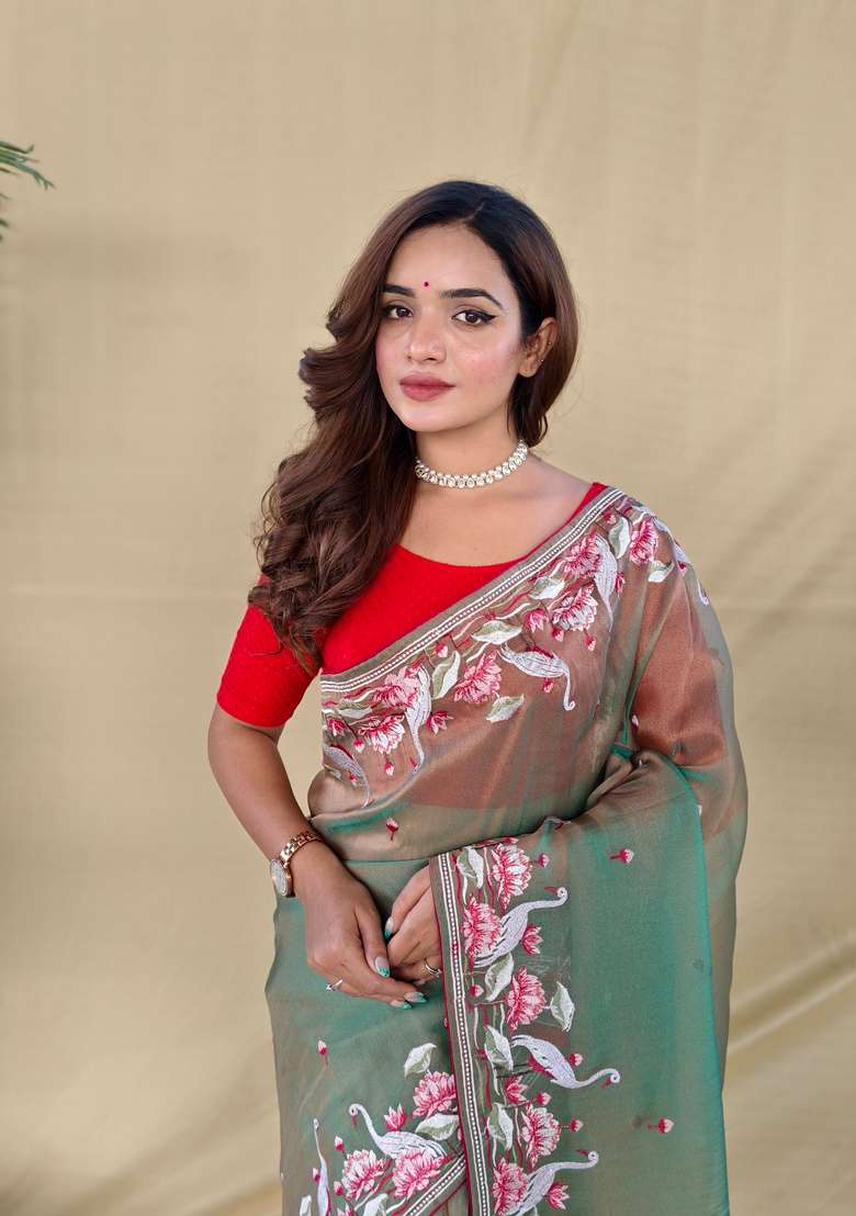 Green Embroidered Silk Saree Set - Indya
