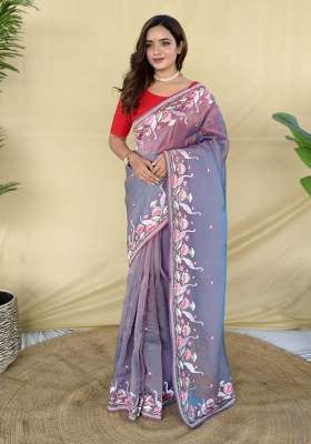 Lavender Embroidered Silk Saree Set