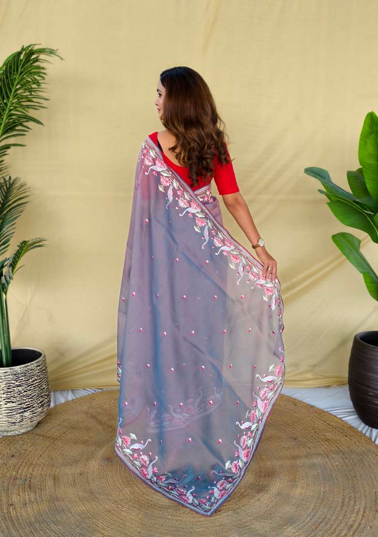 Lavender Embroidered Silk Saree Set - Indya