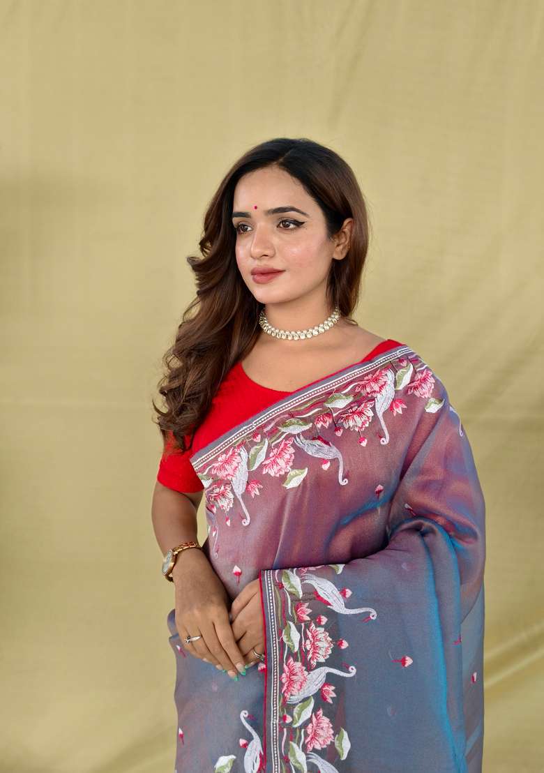 Lavender Embroidered Silk Saree Set - Indya
