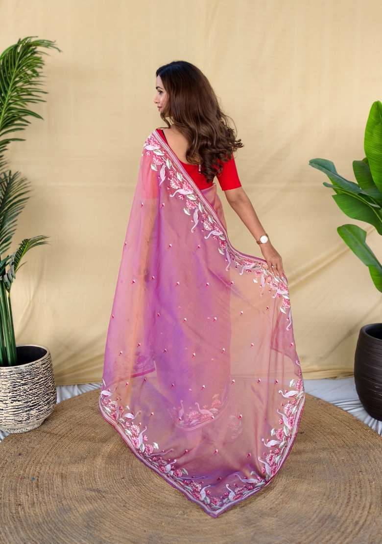 Pink Embroidered Silk Saree Set - Indya