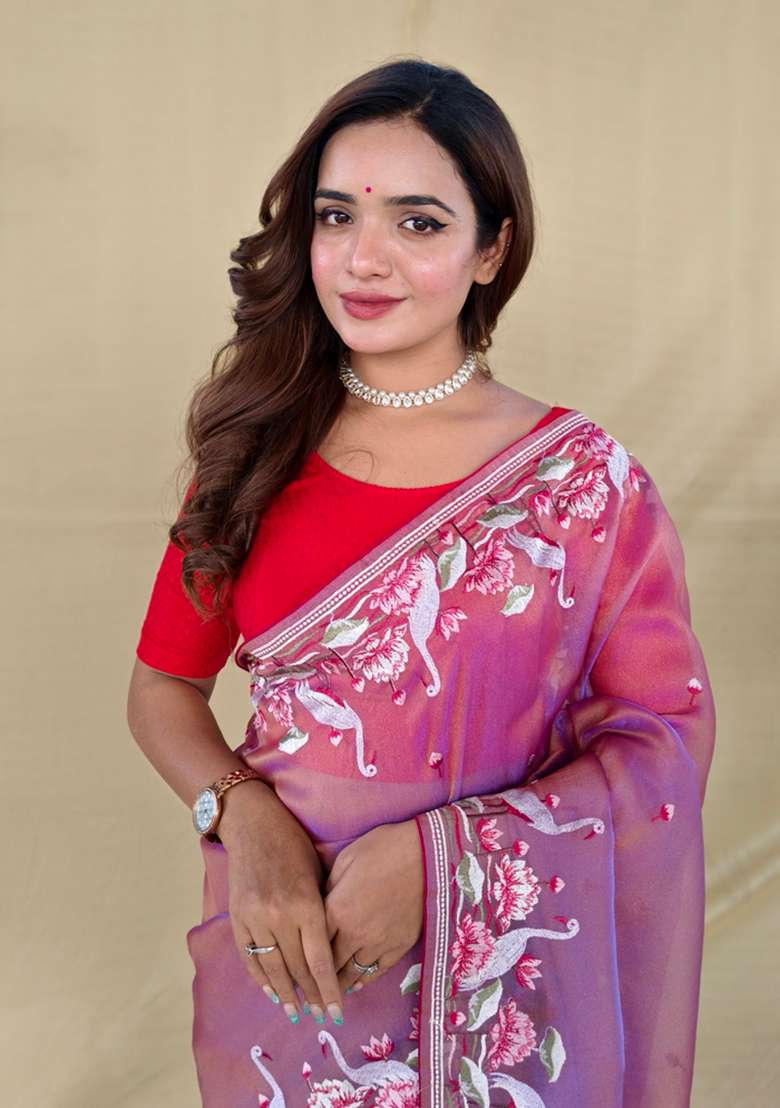 Pink Embroidered Silk Saree Set - Indya