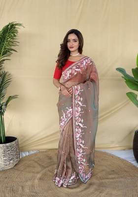 Light Brown Embroidered Silk Saree Set