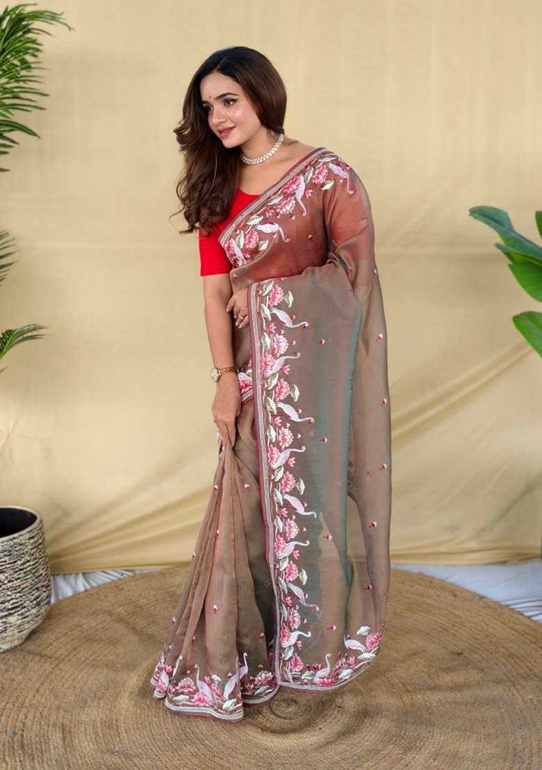 Light Brown Embroidered Silk Saree Set - Indya