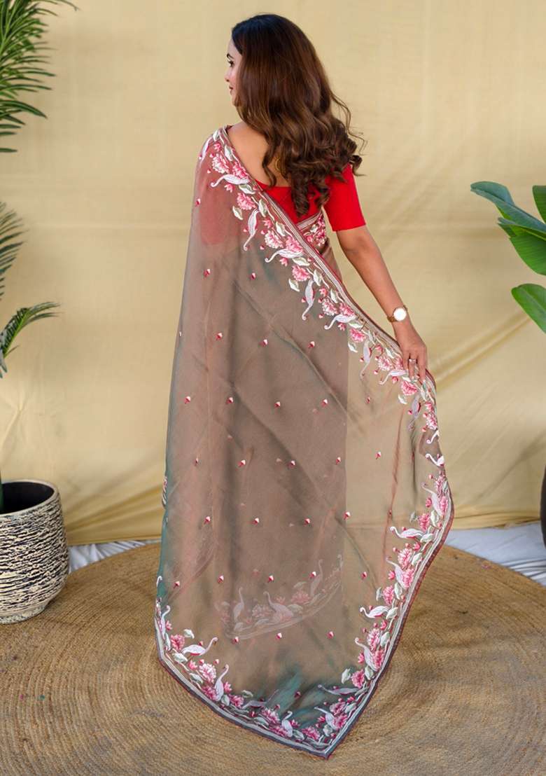 Light Brown Embroidered Silk Saree Set - Indya