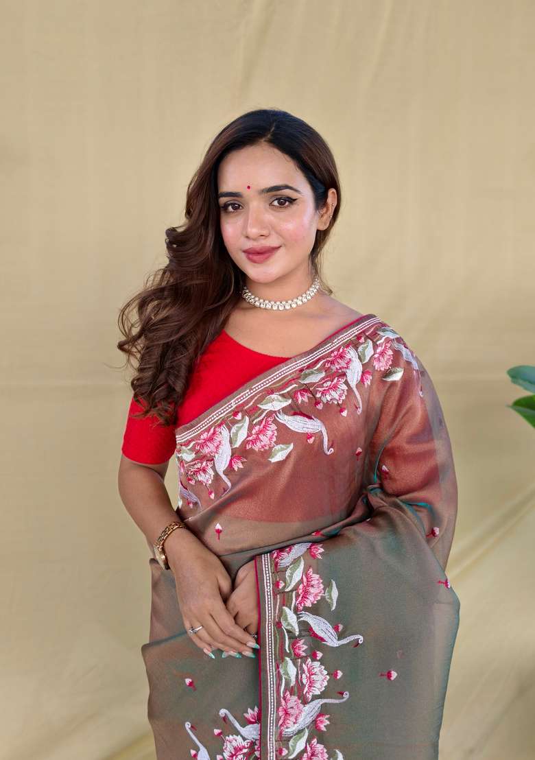 Light Brown Embroidered Silk Saree Set - Indya