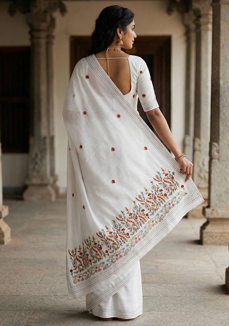 White Embroidered Silk Saree Set - Indya