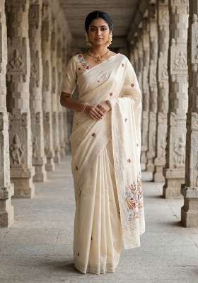 Cream Embroidered Silk Saree Set