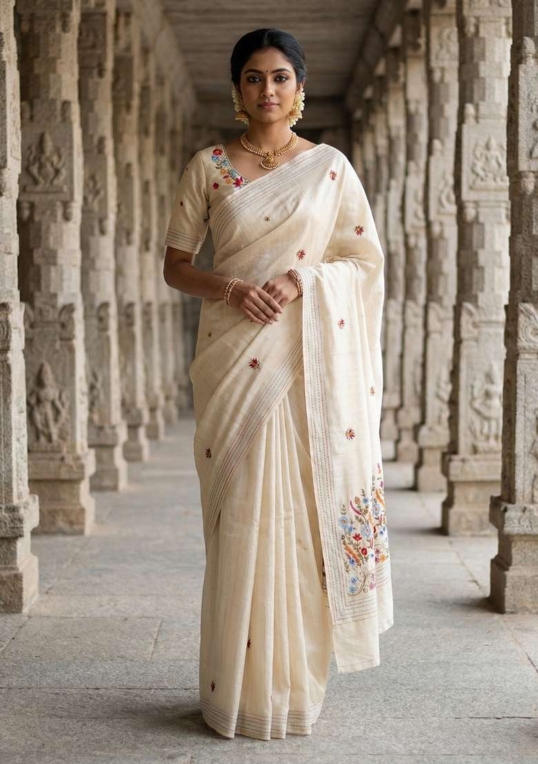 Cream Embroidered Silk Saree Set - Indya