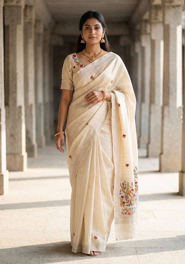 Cream Embroidered Silk Saree Set - Indya