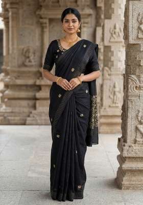 Black Embroidered Silk Saree Set