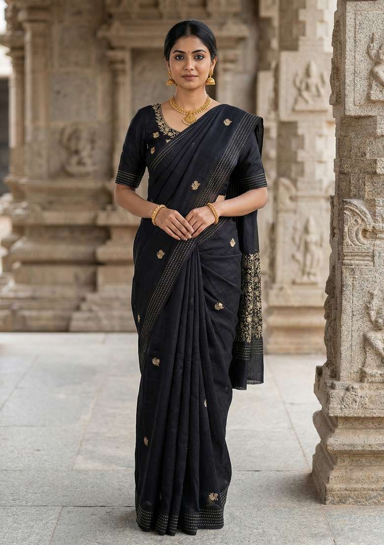 Black Embroidered Silk Saree Set - Indya