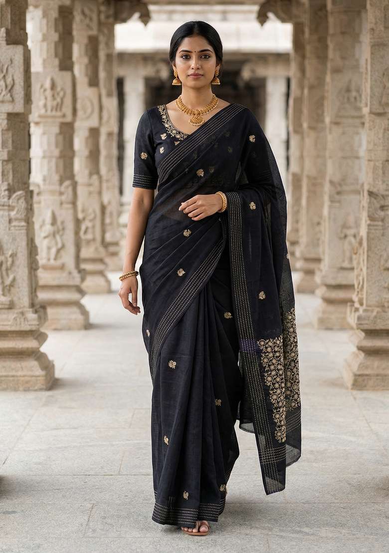Black Embroidered Silk Saree Set - Indya