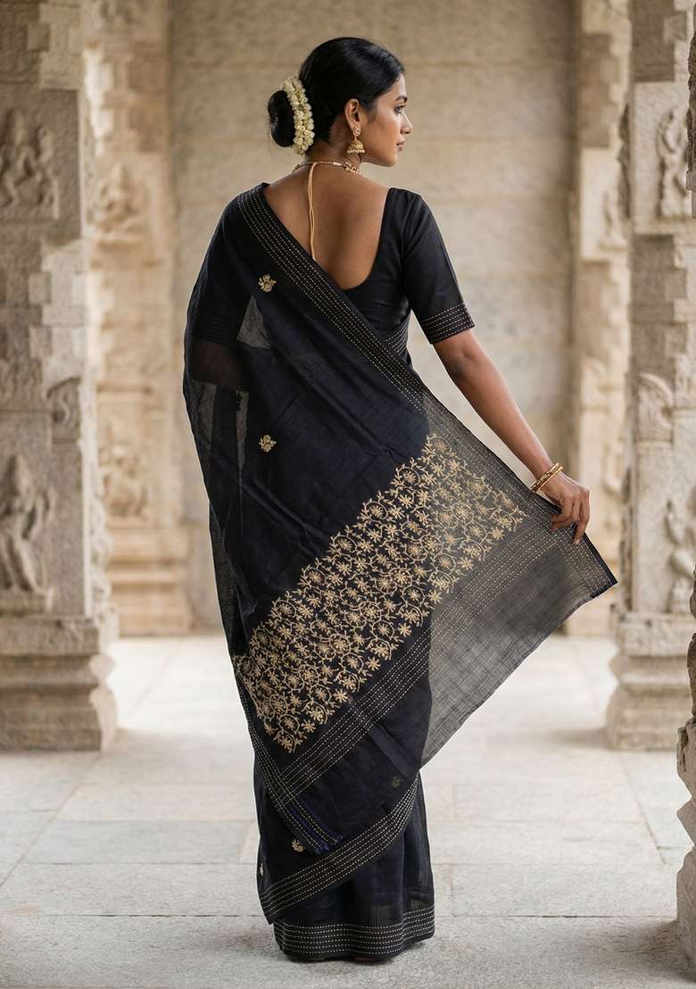 Black Embroidered Silk Saree Set - Indya