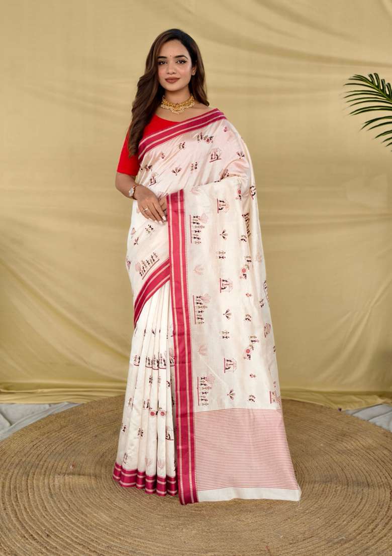 Red Embroidered Silk Saree Set - Indya