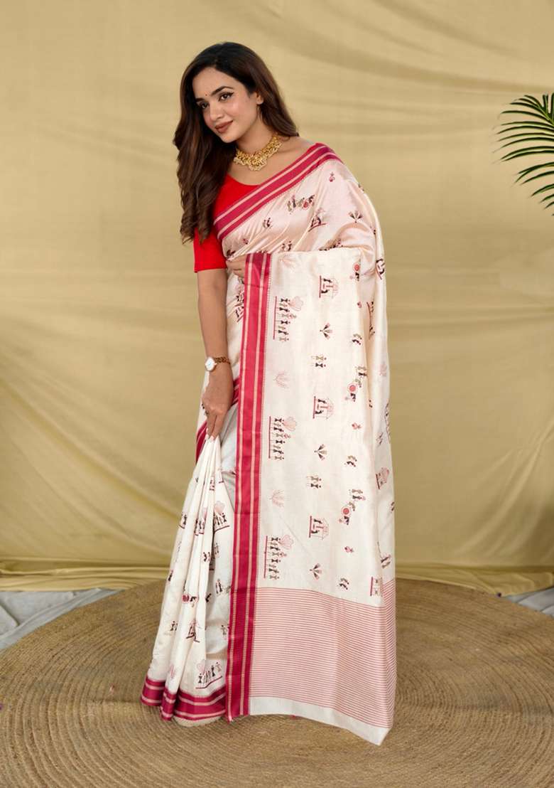 Red Embroidered Silk Saree Set - Indya