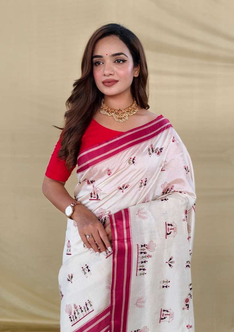 Red Embroidered Silk Saree Set - Indya