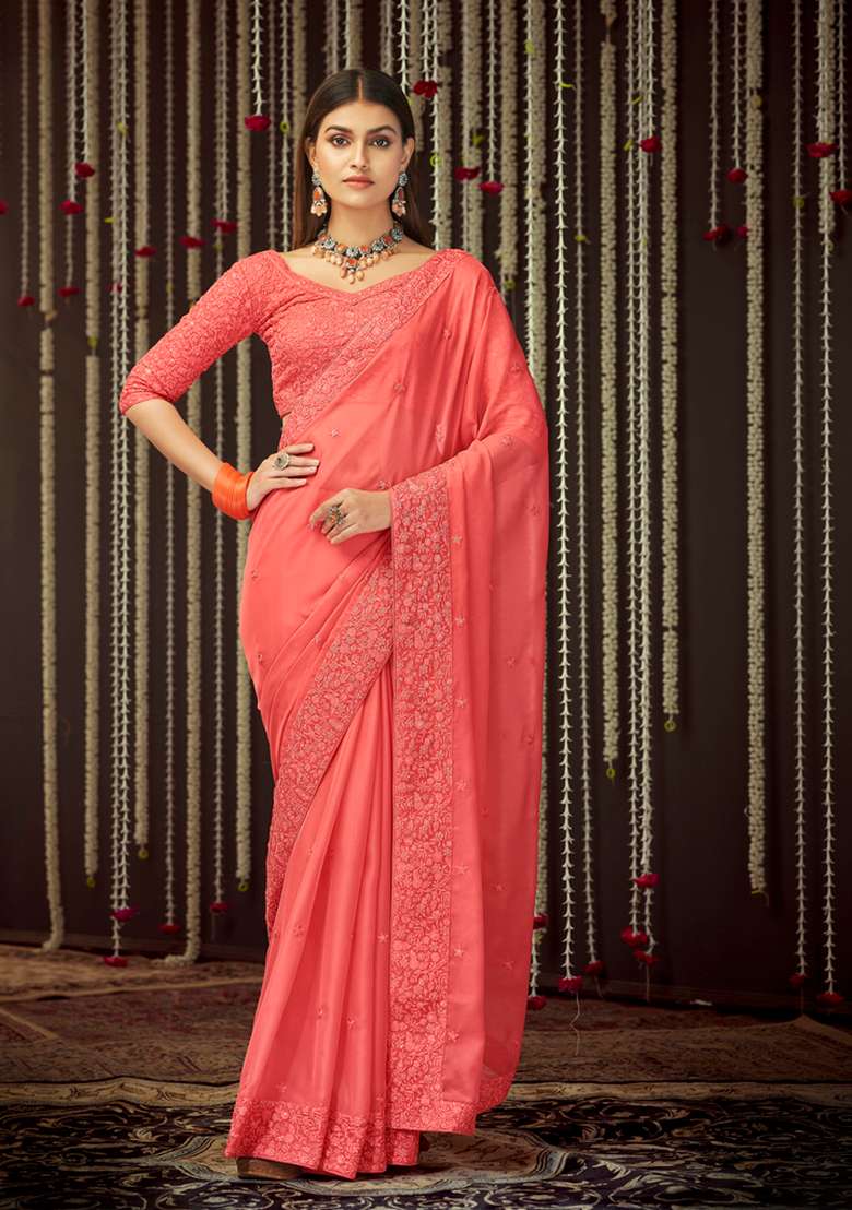 Peach Embroidered Georgette Saree Set - Indya