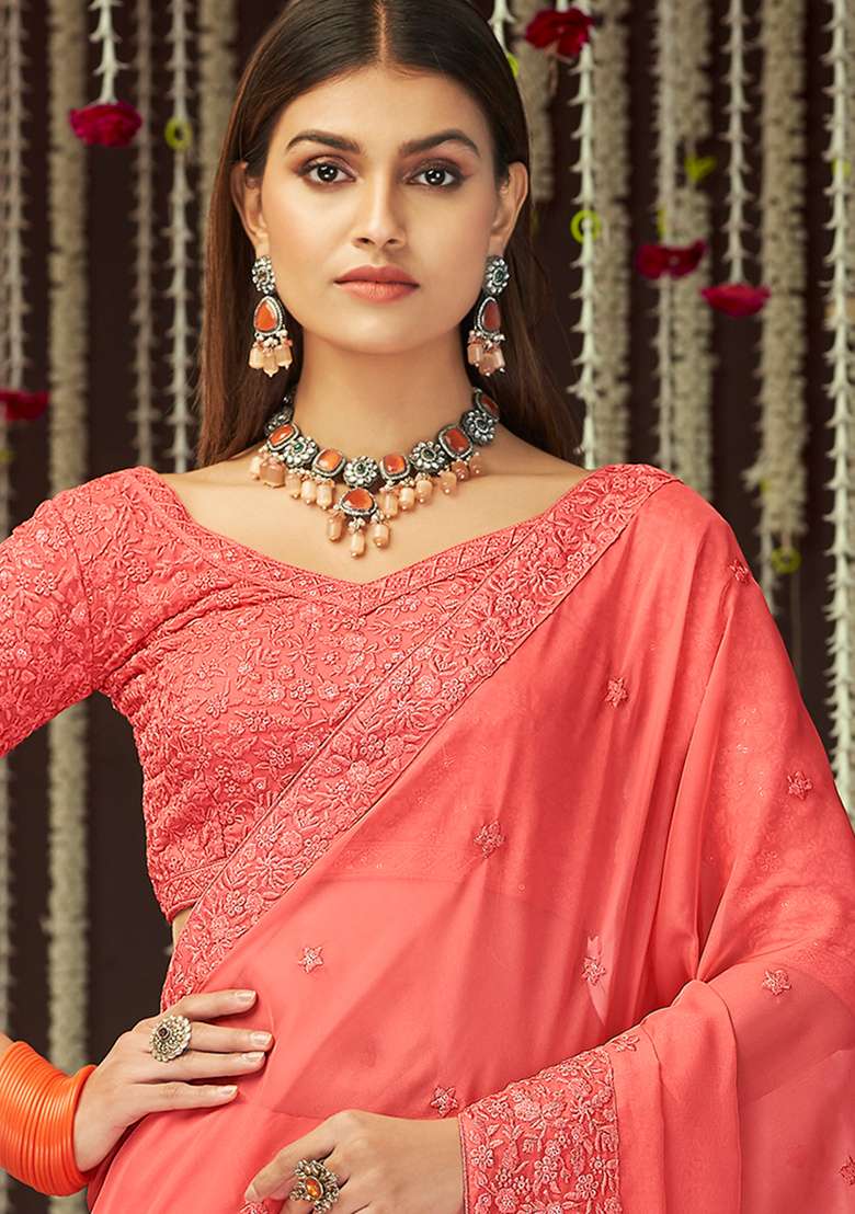 Peach Embroidered Georgette Saree Set - Indya