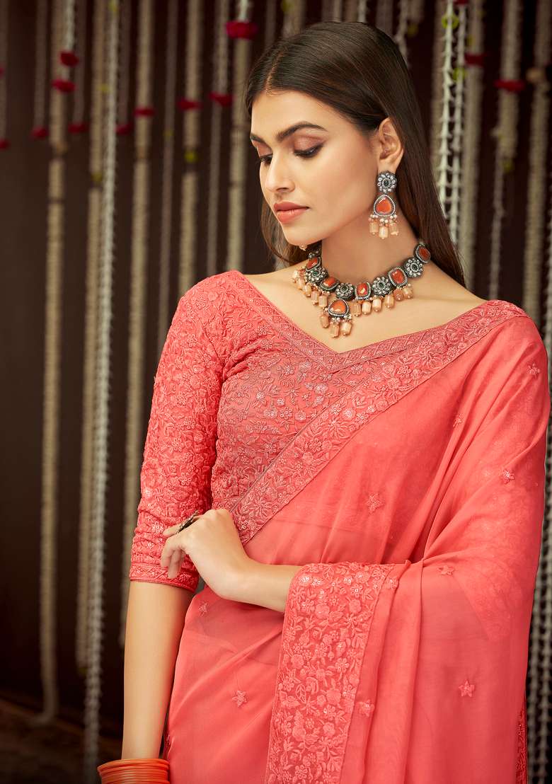 Peach Embroidered Georgette Saree Set - Indya