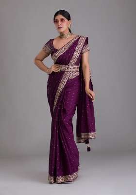 Wine Embroidered Silk Saree Set for Diwali and Festive Wear